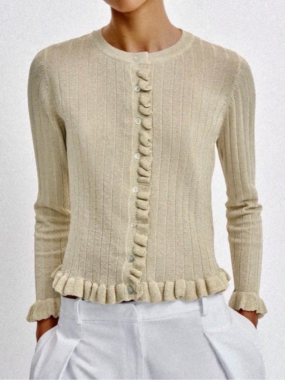 Zara metallic thread knit cardigan with ruffles